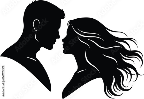 Romantic man and woman face silhouettes in love moment showing intimacy passion connection isolated black vector illustration for relationship design