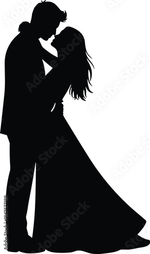 Romantic wedding couple silhouettes kissing in elegant embrace expressing love marriage relationship vector illustration isolated black white background art design