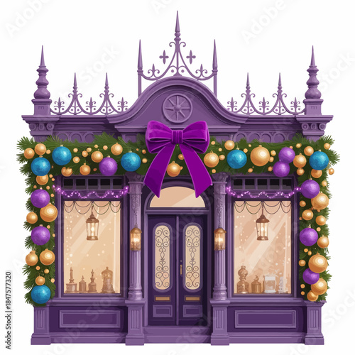 A whimsical digital image of a Victorian-style storefront in rich purple. Decorated with festive Christmas decorations in the background.