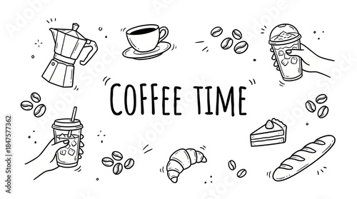 Coffee Time Doodle Illustration with Cup, Croissant, Cake, and Latte in Hand Drawn Line Art Style