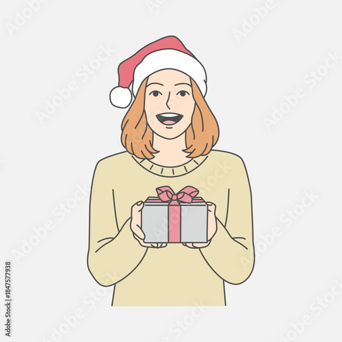 Cartoon illustration of a smiling young woman wearing a Santa hat holding a gift box wrapped with a red ribbon