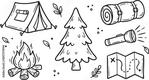 Black and white doodle art of camping gear including tent campfire sleeping bag flashlight and map