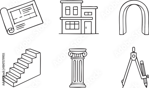 Architectural elements and tools blueprint drawing building stairs column arch compass house