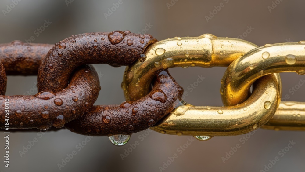 Obraz premium Close-Up of Rusty and Golden Chain Links Metal Water Droplets Texture. Concept featuring chain, rusty, golden, metal, water droplets.