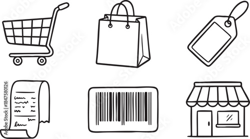 Black and white hand drawn icons of shopping cart shopping bag price tag receipt barcode and store