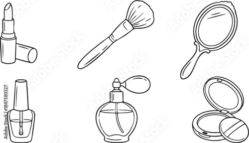Black and white line drawing of makeup items including lipstick nail polish perfume brush mirror and powder compact