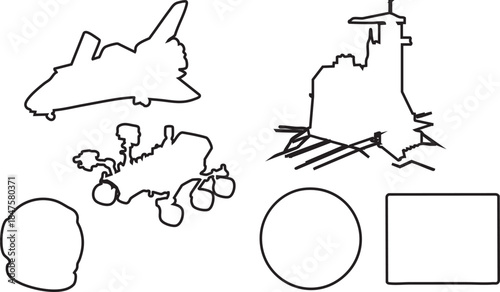 Black outline icons of space shuttle Mars rover and abstract shapes on white background exploration