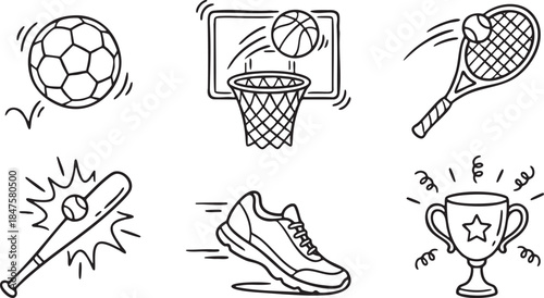 Collection of black and white hand drawn sports icons soccer ball basketball tennis racket baseball bat running shoe trophy