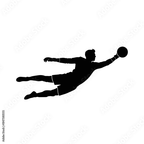 Dramatic flying goalkeeper silhouette catching a ball, high-energy football action perfect for sports campaigns and highlights