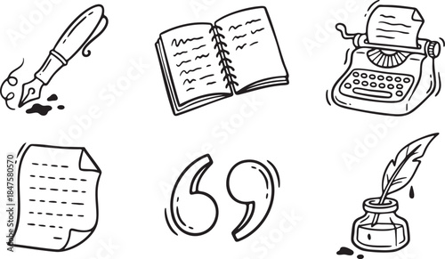 Collection of hand drawn writing and typing tools including fountain pen typewriter and inkwell