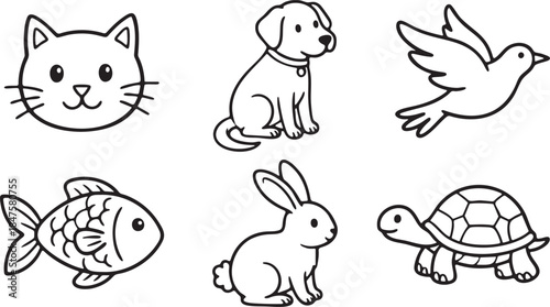 Cute cartoon cat dog bird fish rabbit turtle simple line art collection vector