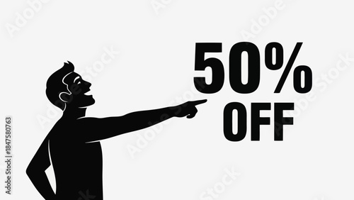 Vector illustration of man pointing at 50% off sale sign silhouette