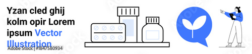 Medical bottles, blister pack, and speech bubble with plant icon alongside a woman pointing. Ideal for healthcare, pharmacy, wellness, sustainability, eco-consciousness, health advice simple landing
