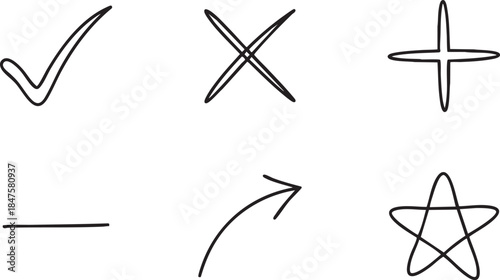 Hand drawn black check mark cross arrow star and line symbols on white background vector