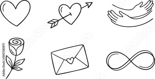Hand drawn black line art icons of heart rose envelope infinity symbol and hands on white background
