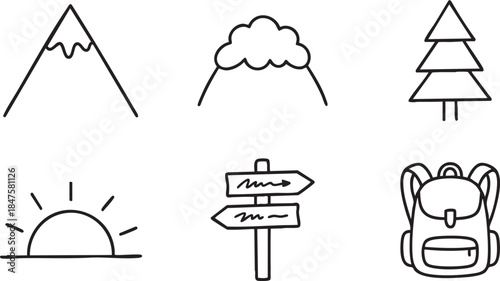 Hand drawn icons of mountain tree sun signpost and backpack for travel vector