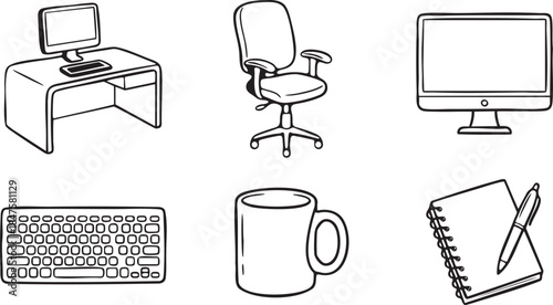 Hand drawn office desk computer chair keyboard mug notebook and pen illustration monitor