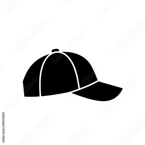 Classic baseball cap icon in clean black silhouette for casual fashion branding, headwear shops, and lifestyle graphics