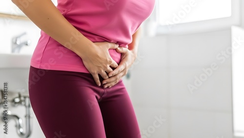 Cropped midsection of woman pressing lower abdomen in bathroom, bladder pressure and urinary tract infection discomfort concept, urgency and health problem, bright blurred background