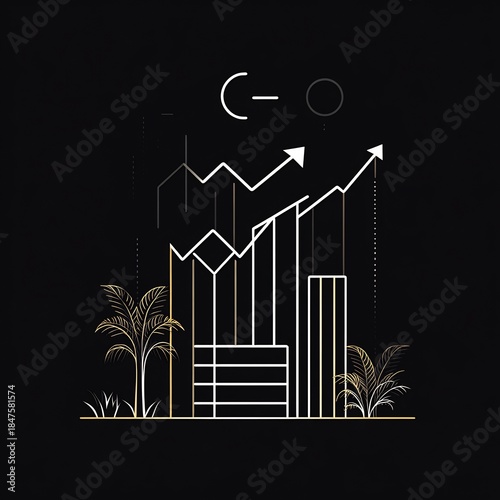 Outline financial symbols rising stacks and arrow lines for fiscal responsibility savings strategy and ROI boost