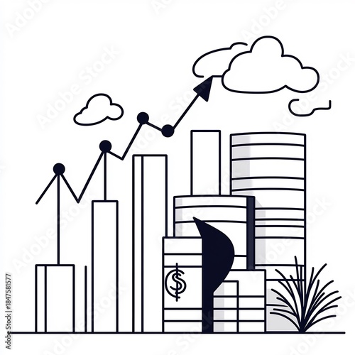 Outline financial symbols rising stacks and arrow lines for fiscal responsibility savings strategy and ROI boost