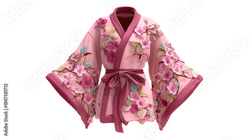pink floral embroidered kimono jacket with cherry blossom applique and wide sleeves tied at the waist sash isolated on white background