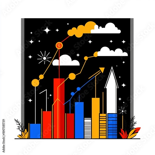 Minimalist outline graph progressive coins and tracking arrows showing business success metrics
