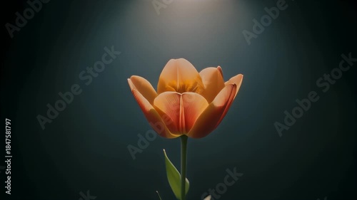 A solitary orange tulip blossoming in a moody environment