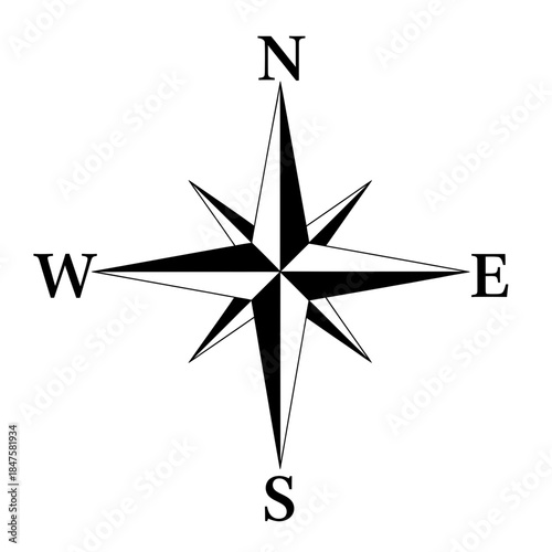 Classic compass rose silhouette icon representing navigation, exploration, direction, adventure travel, and finding your path