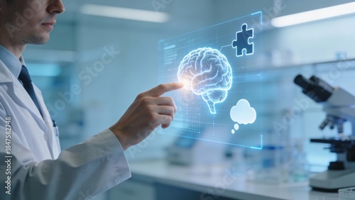 Innovative scientist interacting with digital brain interface in lab.