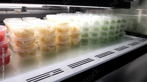 Lots of disposable plastic small containers with ginger and wasabi for serving rolls and sushi. Food for delivery.