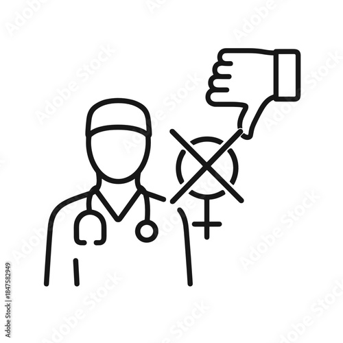 It depicts a healthcare professional with a crossed-out female gender symbol and a thumbs-down, representing gender bias or discrimination against women in medical settings. Medical misogyny.