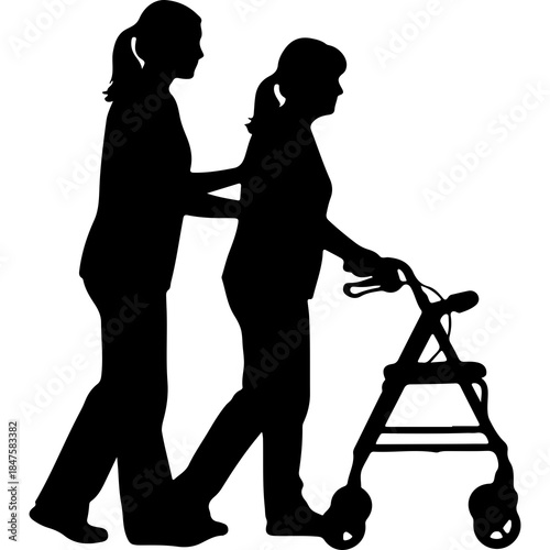 Woman assisting senior with walker with transparent background