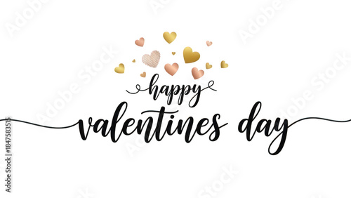 Happy valentines day calligraphy banner with red hearts isolated on transparent background