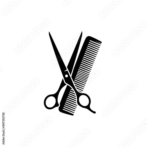 Hair cutting scissors and comb icon representing professional hairstyling, barber services, beauty salons, grooming, and fashion care