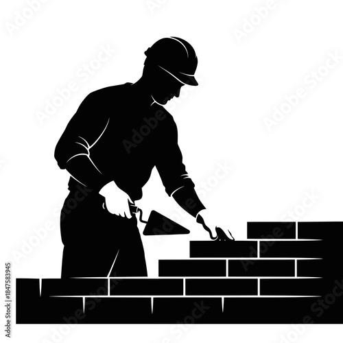 Bricklayer building a wall silhouette representing masonry work, construction labor, skilled trades, infrastructure development, and craftsmanship