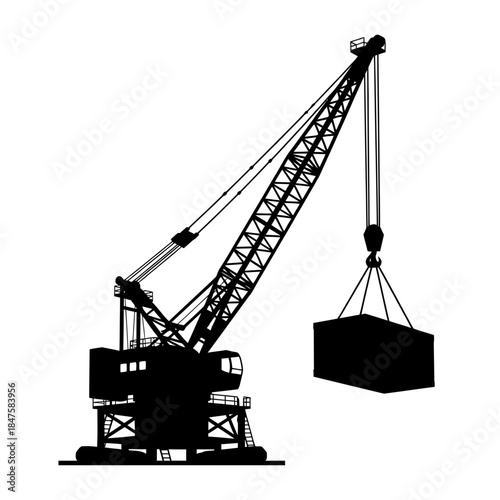 Tower crane lifting cargo illustration representing construction sites, industrial development, urban growth, logistics, and engineering projects