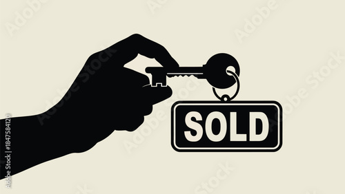 Vector illustration of silhouette of hand holding key with sold sign for real estate transaction or property purchase