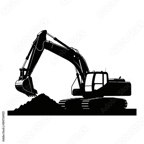 Excavator machine silhouette representing heavy construction equipment, earthmoving, industrial projects, mining operations, and infrastructure
