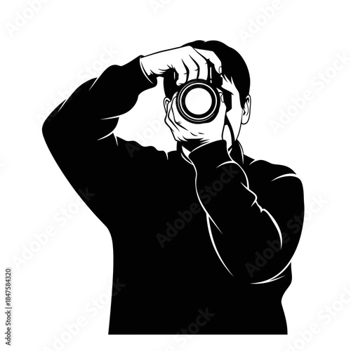 Photographer holding camera silhouette, creative profession and storytelling symbol ideal for media, art, and visual content branding