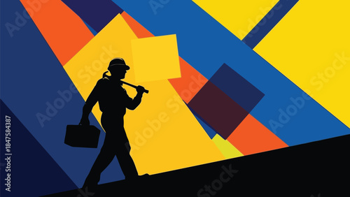 Vector illustration of silhouette of a construction worker or laborer walking with tools against a vibrant abstract geometric background