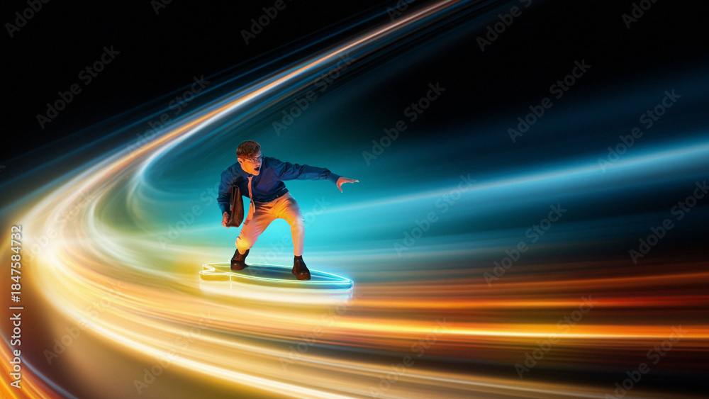 Fototapeta premium Creative design. Businessman surfing blue light data stream futuristic business scene. Concept of information speed, digital efficiency, global connectivity and modern corporate performance.