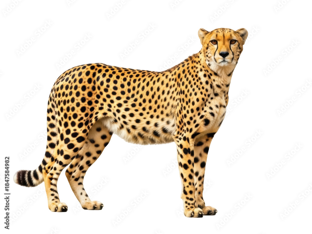 Fototapeta premium Isolated Cheetah in a Standing Position with Distinct Spots in Daylight, Natural Look