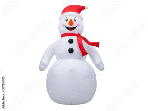 Isolated inflatable snowman with red hat and scarf for outdoor Christmas decoration season