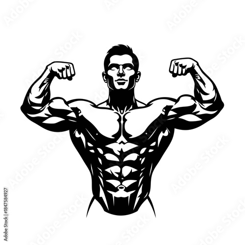 Muscular bodybuilder flexing silhouette with strong anatomy, fitness motivation icon perfect for gym branding, sports posters, and apparel