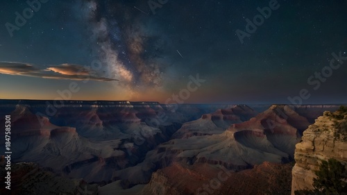 Night Sky Over Grand Canyon With Milky Way and Shooting Stars Under Dark Clouds