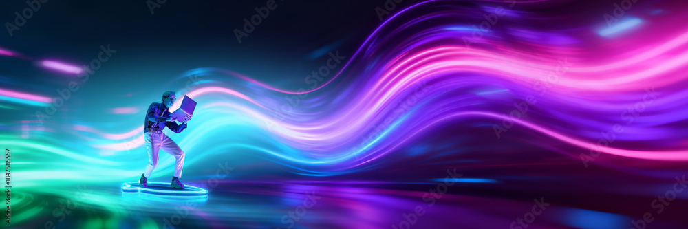 Obraz premium Mixed media with businessman surfing colorful neon data waves. Concept of creative technology, digital marketing, futuristic branding and fast innovation cycles.