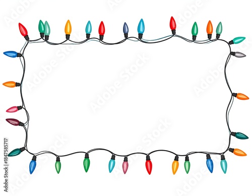 Colorful Christmas lights form a rectangle border on white