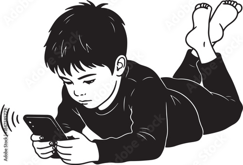 Detailed of a young boy lying on his stomach, intently focused on a vibrating smartphone held in his hands also transparent background