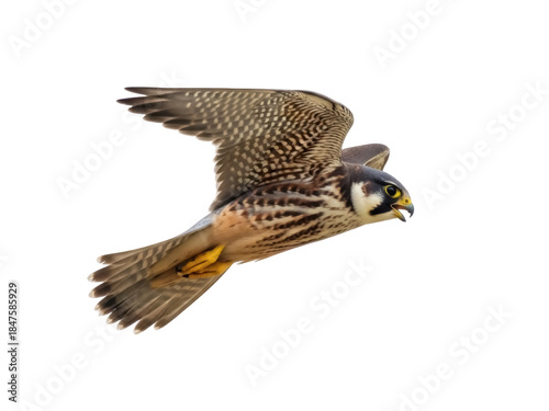Quadro su tela Isolated Merlin is flying in the air showing its brown and white patterned pluma